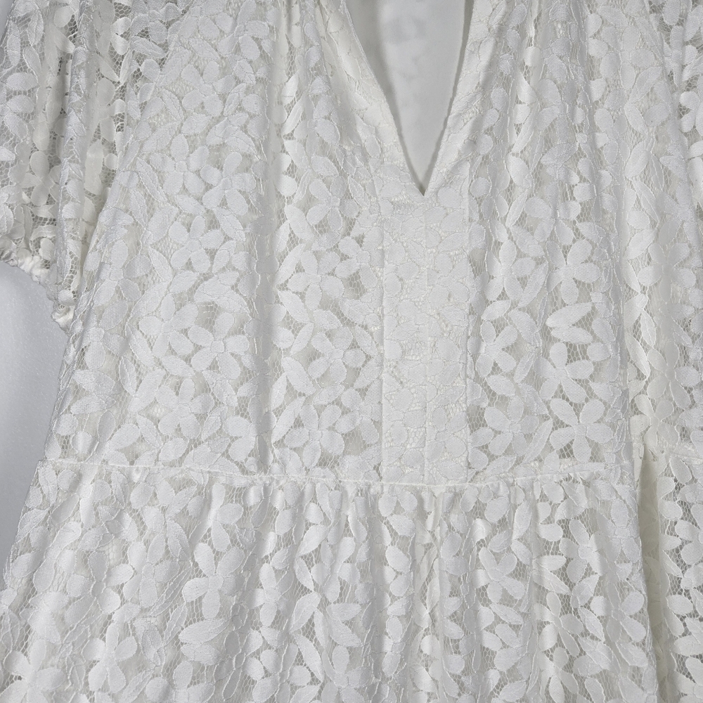 CeCe White Floral Lace Tiered Babydoll V-Neck Puff Sleeve Dress Size Small - Picture 6 of 16